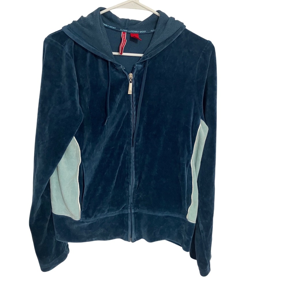 Vintage Gloria Vanderbilt Sport Blue Velour Zip Up Hoodie Jacket Women's Size M